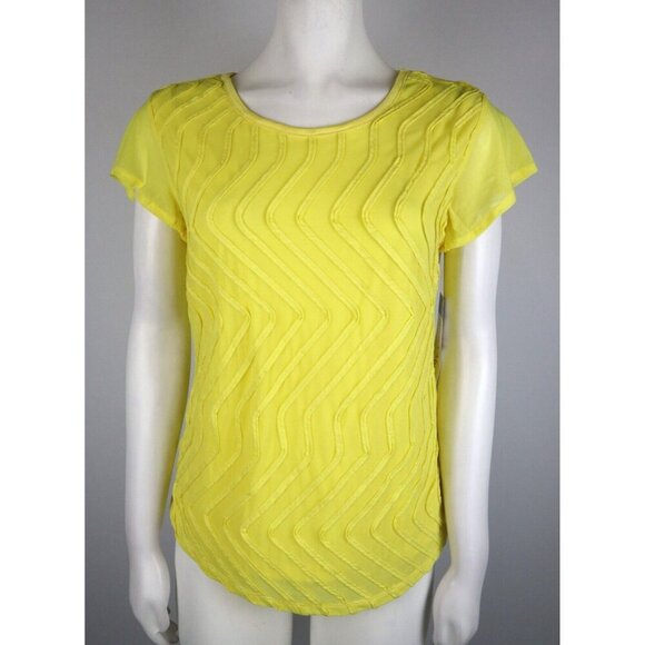WOMEN'S YELLOW STRETCH SHEER SHORT SLEEVE TOP - REBECCA MALONE - SIZE S - Picture 2 of 10